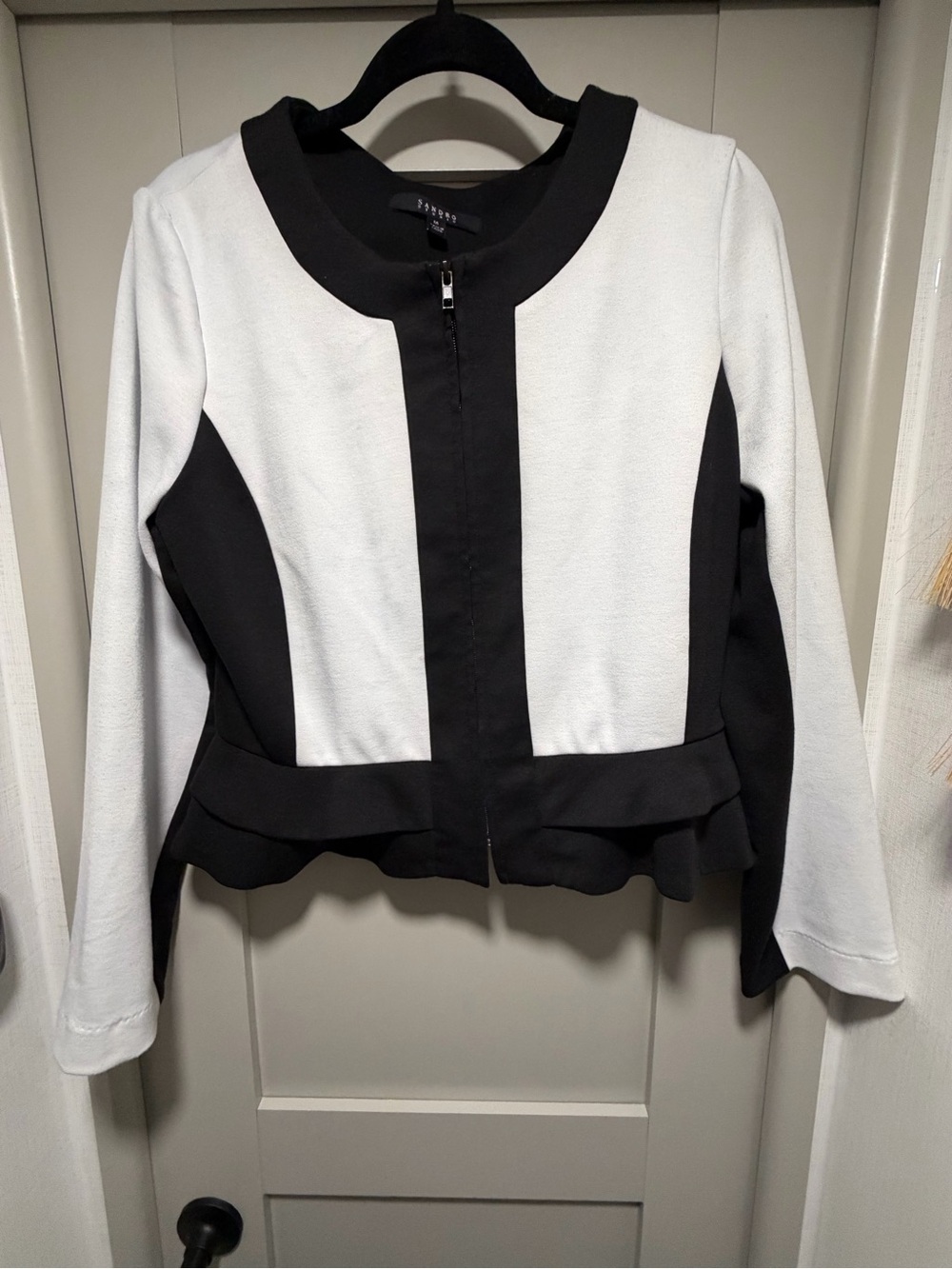 Sandro Two-Tone Black and White Peplum Zip Jacket